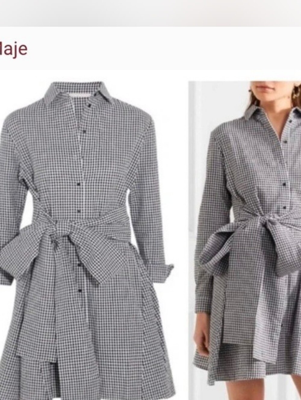 Maje Black & White Gingham Long-Sleeve Tie-Waist Dress